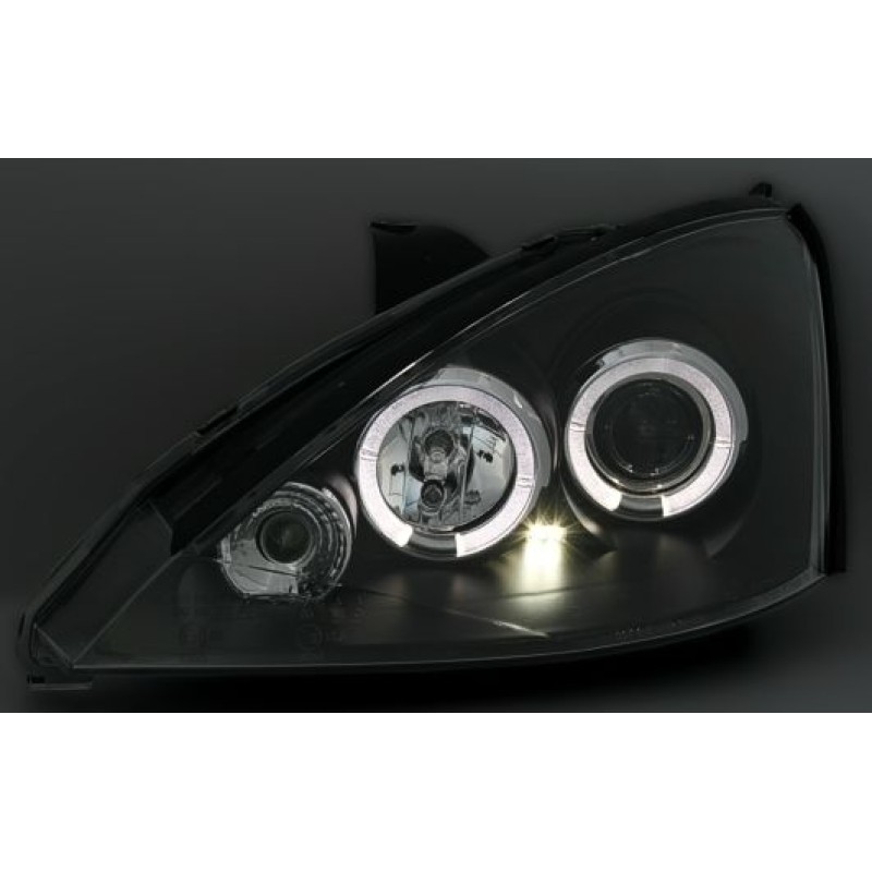 Φανάρια εμπρός Ford Focus (1998-2001) angel eyes - μαύρα , με λάμπες (Η1) - σετ 2τμχ.