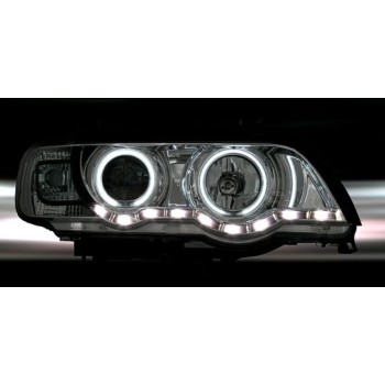 Φανάρια εμπρός BMW X5 (1999-2003) με φώτα ημέρας led και angel eyes - μαύρα , με λάμπες (Η1) - σετ 2τμχ.