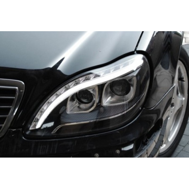 Φανάρια εμπρός Mercedes W 220 S-Class (1998-2005) led lightbar design - μαύρα , με λάμπες (Η1) - σετ 2τμχ.