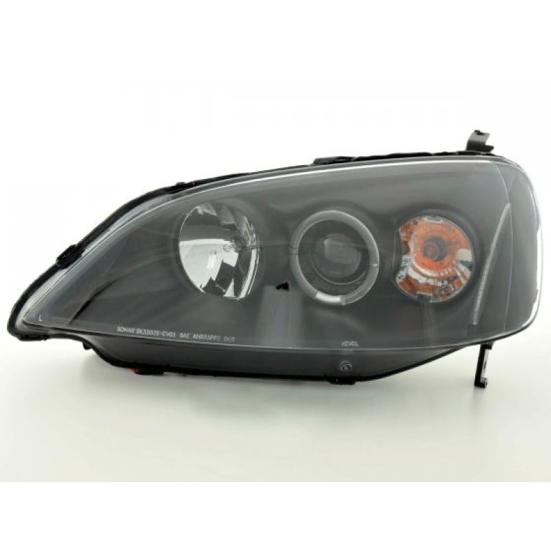 Φανάρια εμπρός Honda Civic (2001-2003) 2/4 πορτο US angel eyes, μαύρα , με λάμπες (Η1) - σετ 2τμχ.
