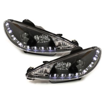 Φανάρια εμπρός Peugeot 206 , μαύρα , με λάμπες (Η1) led - σετ 2τμχ.
