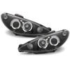 Φανάρια εμπρός Peugeot 206 angel eyes, μαύρα , με λάμπες (Η1) - σετ 2τμχ.