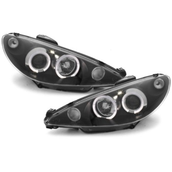 Φανάρια εμπρός Peugeot 206 angel eyes, μαύρα , με λάμπες (Η1) - σετ 2τμχ.
