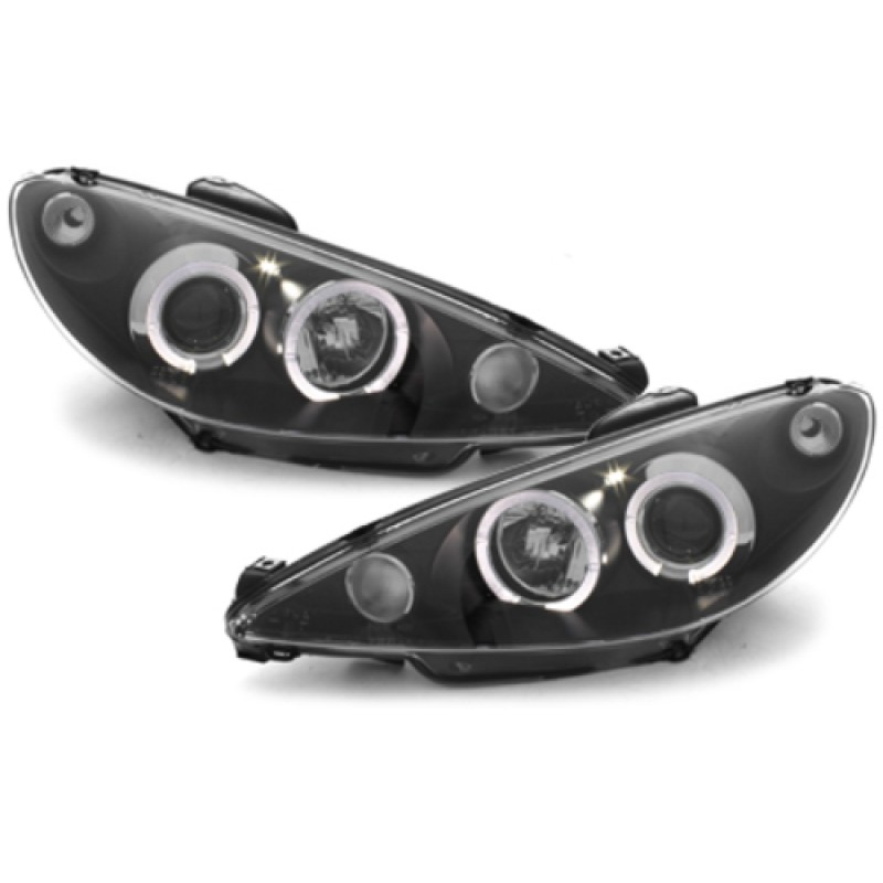 Φανάρια εμπρός Peugeot 206 angel eyes, μαύρα , με λάμπες (Η1) - σετ 2τμχ.