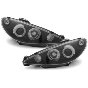 Φανάρια εμπρός Peugeot 206 angel eyes, μαύρα , με λάμπες (Η1) - σετ 2τμχ.