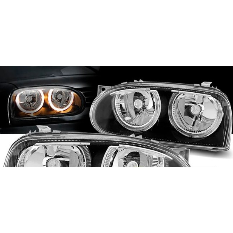 Φανάρια εμπρός Vw Golf 3 R32 design angel eyes - μαύρα , χωρίς λάμπες (Η7) - σετ 2τμχ.