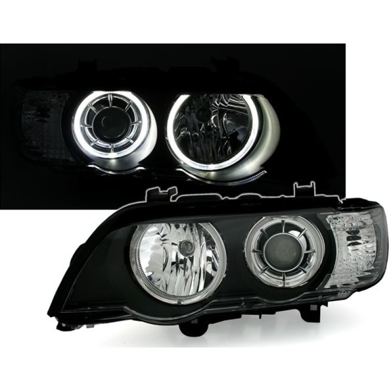 Φανάρια εμπρός BMW X5 E53 (1999-2003) angel eyes - μαύρα , χωρίς λάμπες (Η7) - σετ 2τμχ.