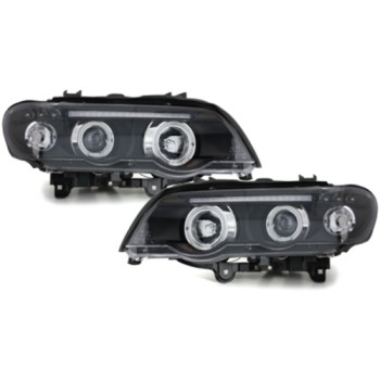 Φανάρια εμπρός BMW X5 (1999-2003) angel eyes - black , με λάμπες (Η1) - σετ 2τμχ.