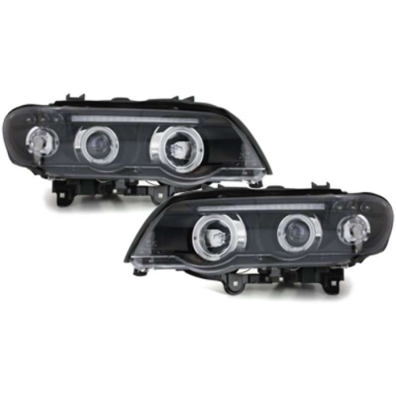 Φανάρια εμπρός BMW X5 (1999-2003) angel eyes - black , με λάμπες (Η1) - σετ 2τμχ.