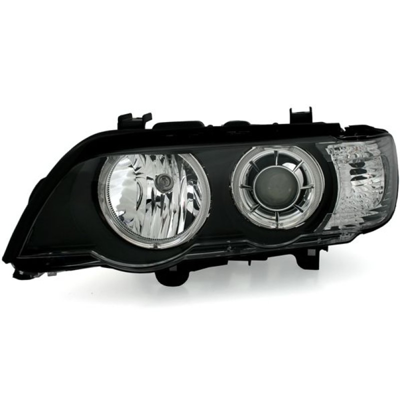 Φανάρια εμπρός BMW X5 με εργοστασιακά xenon (1999-2003) angel eyes - μαύρα , με λάμπες (Η7) - σετ 2τμχ.