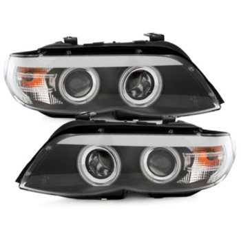 Φανάρια εμπρός BMW X5 (2003-2007) angel eyes - black , με λάμπες (Η1) - σετ 2τμχ.