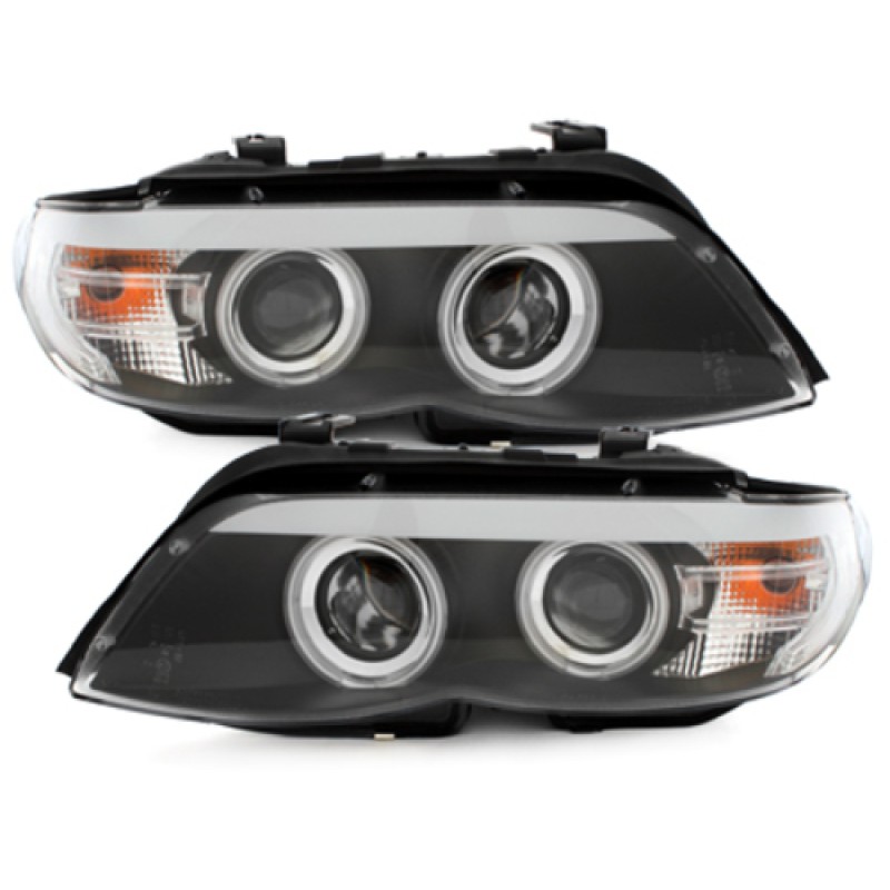 Φανάρια εμπρός BMW X5 (2003-2007) angel eyes - black , με λάμπες (Η1) - σετ 2τμχ.