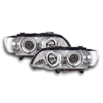 Φανάρια εμπρός BMW X5 (1999-2003) angel eyes - chrome , με λάμπες (Η1) - σετ 2τμχ.