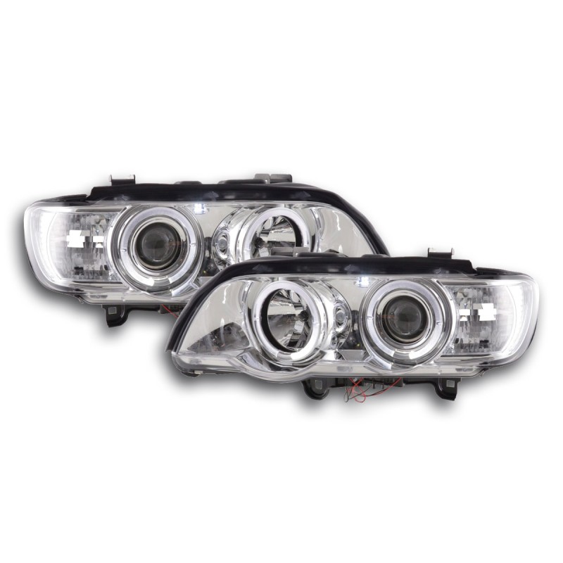 Φανάρια εμπρός BMW X5 (1999-2003) angel eyes - chrome , με λάμπες (Η1) - σετ 2τμχ.
