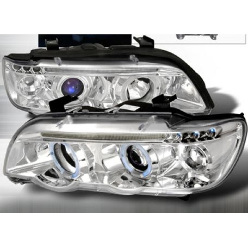 Φανάρια εμπρός BMW X5 E53 (1999-2003) angel eyes - chrome , με λάμπες (Η1) - σετ 2τμχ.
