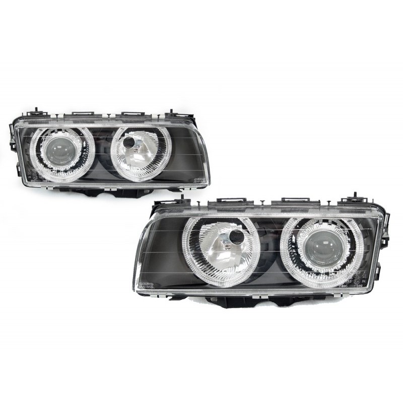 Φανάρια εμπρός BMW E38 (1994-1998) angel eyes - μαύρα , χωρίς λάμπες (Η7) - σετ 2τμχ.
