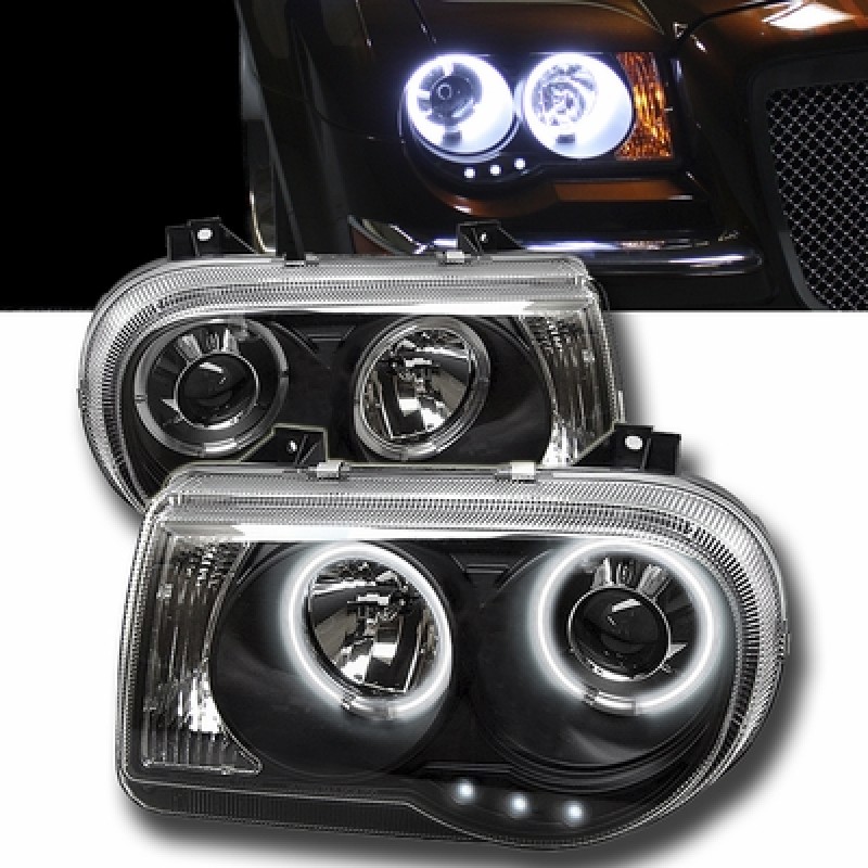 Φανάρια εμπρός Chrysler 300C (2004-2008) angel eyes με led - μαύρα , με λάμπες (Η1) - σετ 2τμχ.