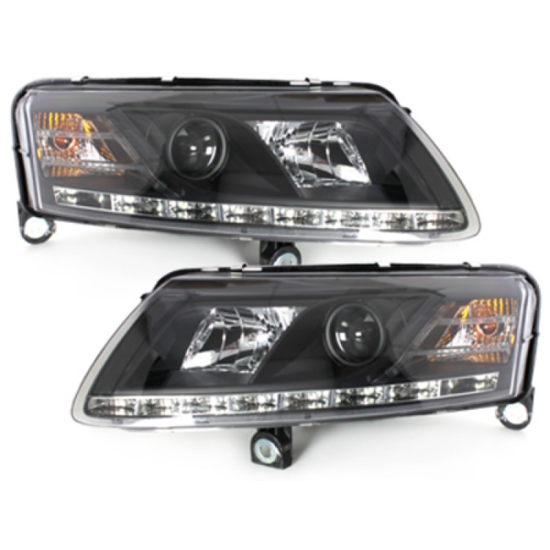 Φανάρια εμπρός Audi A6 με φώτα ημέρας led (2004-2007) - μαύρα , με λάμπες (Η1) - σετ 2τμχ.