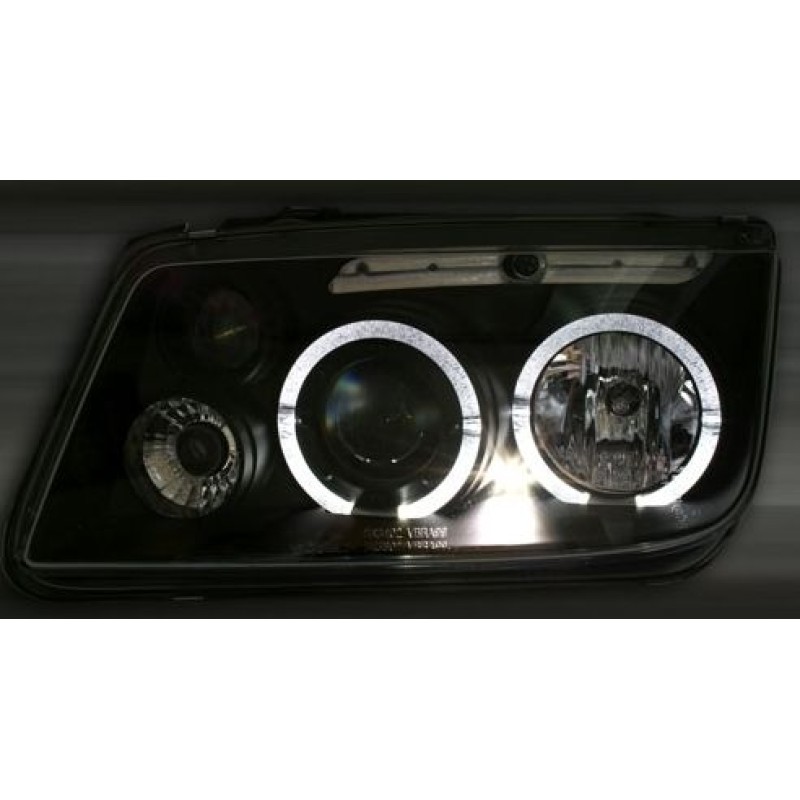 Φανάρια εμπρός Vw Bora angel eyes - μαύρα , με λάμπες (Η1) - σετ 2τμχ.