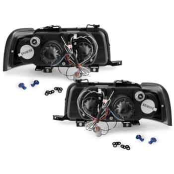Φανάρια εμπρός Audi 80 B4 (1991-1996) angel eyes - μαύρα , με λάμπες (Η1) - σετ 2τμχ.
