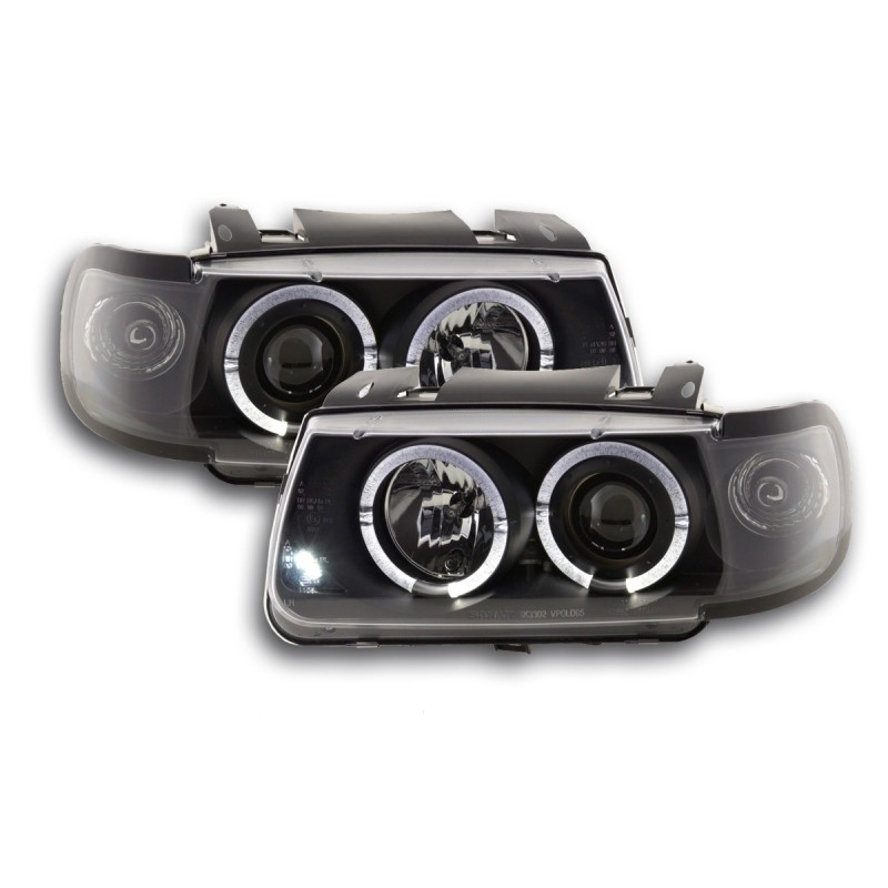 Φανάρια εμπρός Vw Polo 6N (1994-1999) angel eyes - μαύρα , με λάμπες (Η1) - σετ 2τμχ.
