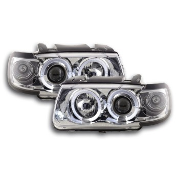 Φανάρια εμπρός Vw Polo 6N (1994-1999) angel eyes - chrome , με λάμπες (Η1) - σετ 2τμχ.