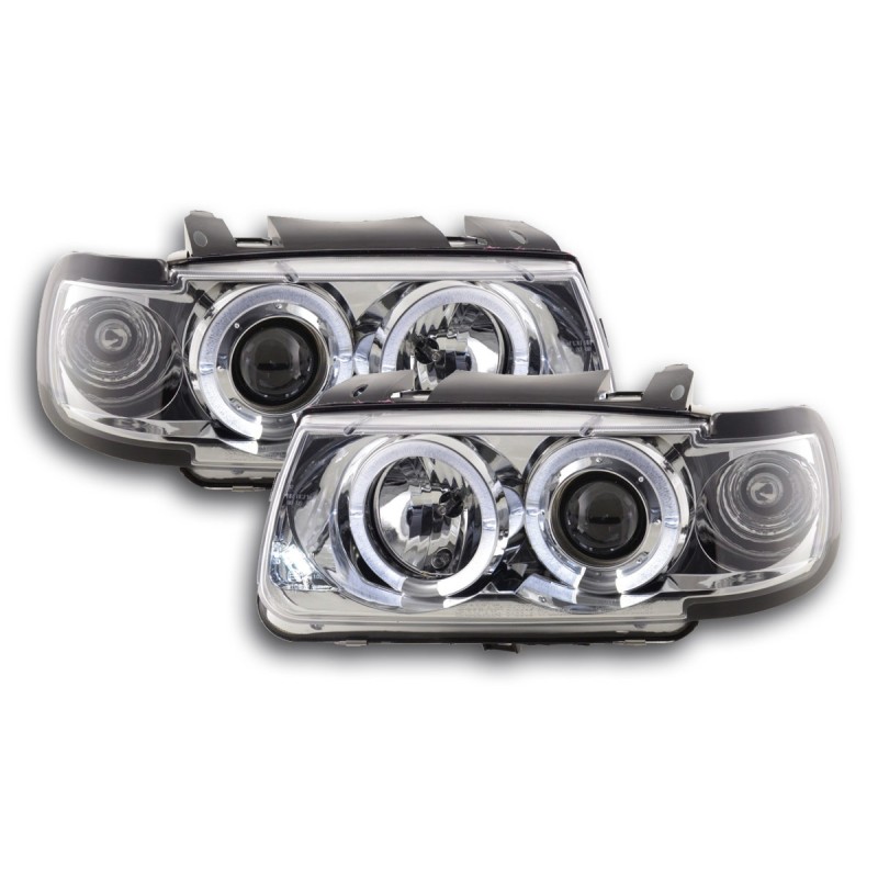 Φανάρια εμπρός Vw Polo 6N (1994-1999) angel eyes - chrome , με λάμπες (Η1) - σετ 2τμχ.