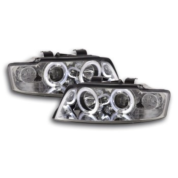 Φανάρια εμπρός Audi A4 (2001-2004) angel eyes - chrome , με λάμπες (Η1) - σετ 2τμχ. Φανάρια εμπρός Audi A4 (2001-2004) angel eyes - chrome , με λάμπες (Η1) - σετ 2τμχ.