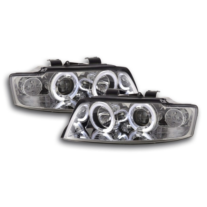 Φανάρια εμπρός Audi A4 (2001-2004) angel eyes - chrome , με λάμπες (Η1) - σετ 2τμχ.