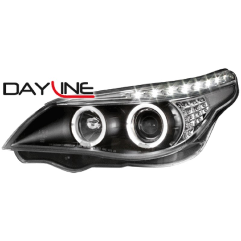 Φανάρια εμπρός led BMW E60 (2003-2007) angel eyes - μαύρα , με λάμπες (Η1) - σετ 2τμχ.