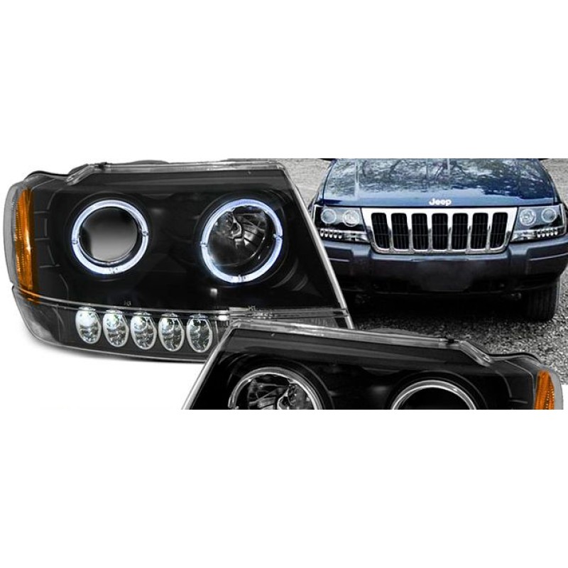 Φανάρια εμπρός Jeep Grand Cherokee (1999-2005) led angel eyes - μαύρα , με λάμπες (Η1) - σετ 2τμχ.