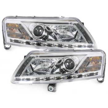 Φανάρια εμπρός Audi A6 με φώτα ημέρας led (2004-2007) - chrome , με λάμπες (Η1) - σετ 2τμχ. Φανάρια εμπρός Audi A6 με φώτα ημέρας led (2004-2007) - chrome , με λάμπες (Η1) - σετ 2τμχ.