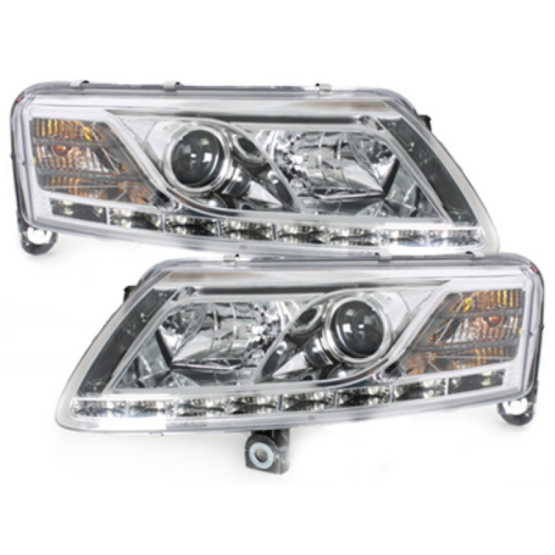 Φανάρια εμπρός Audi A6 με φώτα ημέρας led (2004-2007) - chrome , με λάμπες (Η1) - σετ 2τμχ.