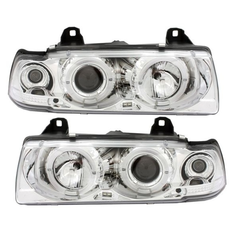 Φανάρια εμπρός BMW E36 (1991-1999) 4d sedan angel eyes - chrome , με λάμπες (Η1) - σετ 2τμχ.