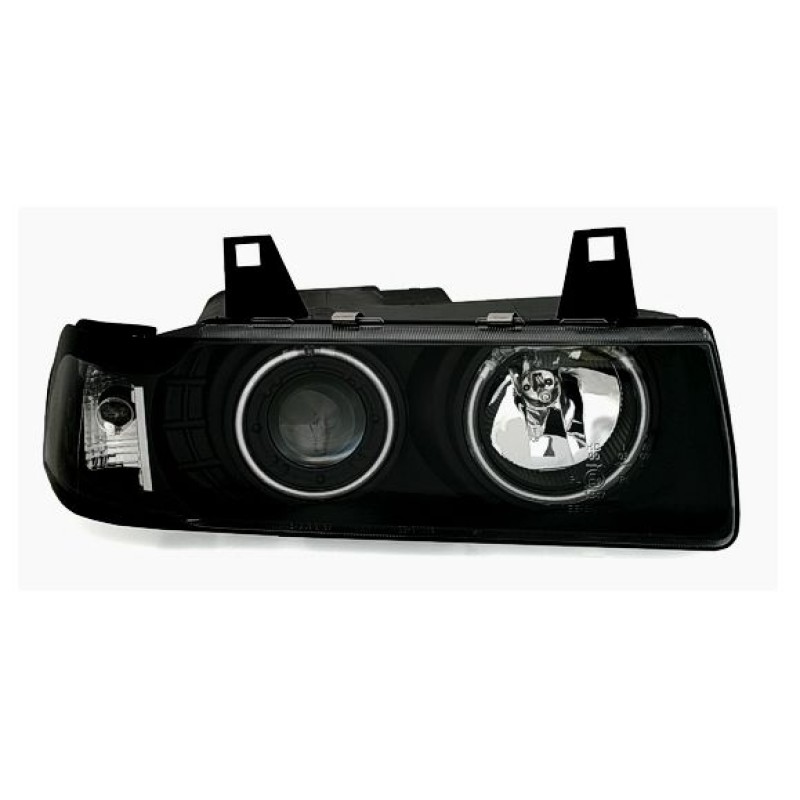 Φανάρια εμπρός Bmw E36 (1991-1999) 4d sedan angel eyes - μαύρα , με λάμπες (Η1) - σετ 2τμχ.