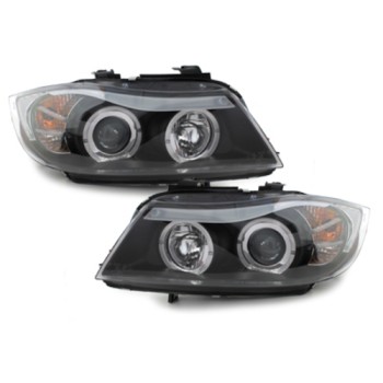 Φανάρια εμπρός BMW E90 (2005-2008) angel eyes - μαύρα , με λάμπες (Η1) - σετ 2τμχ. Φανάρια εμπρός BMW E90 (2005-2008) angel eyes - μαύρα , με λάμπες (Η1) - σετ 2τμχ.