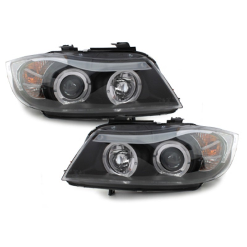 Φανάρια εμπρός BMW E90 (2005-2008) angel eyes - μαύρα , με λάμπες (Η1) - σετ 2τμχ.
