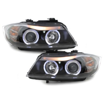 Φανάρια εμπρός BMW E90 (2005-2008) angel eyes - μαύρα , με λάμπες (Η1) - σετ 2τμχ. Φανάρια εμπρός BMW E90 (2005-2008) angel eyes - μαύρα , με λάμπες (Η1) - σετ 2τμχ.