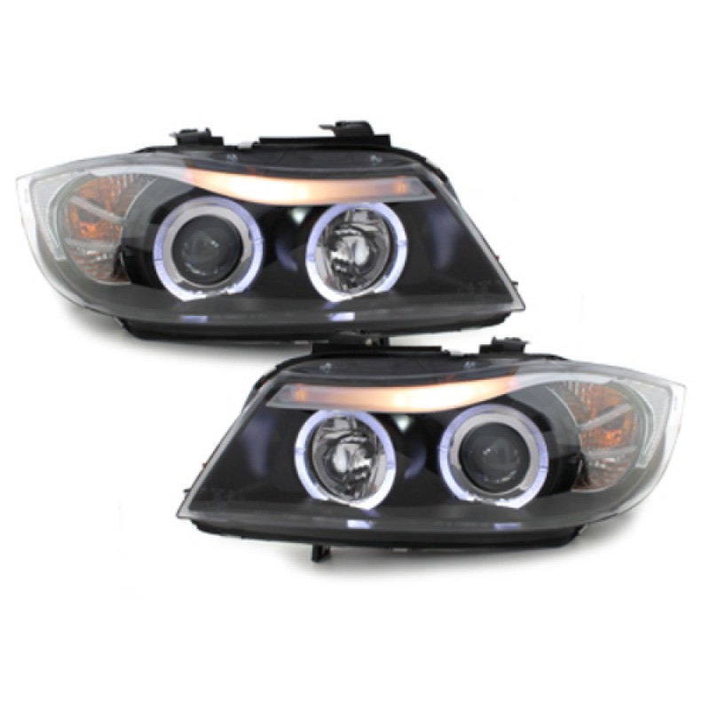 Φανάρια εμπρός BMW E90 (2005-2008) angel eyes - μαύρα , με λάμπες (Η1) - σετ 2τμχ.
