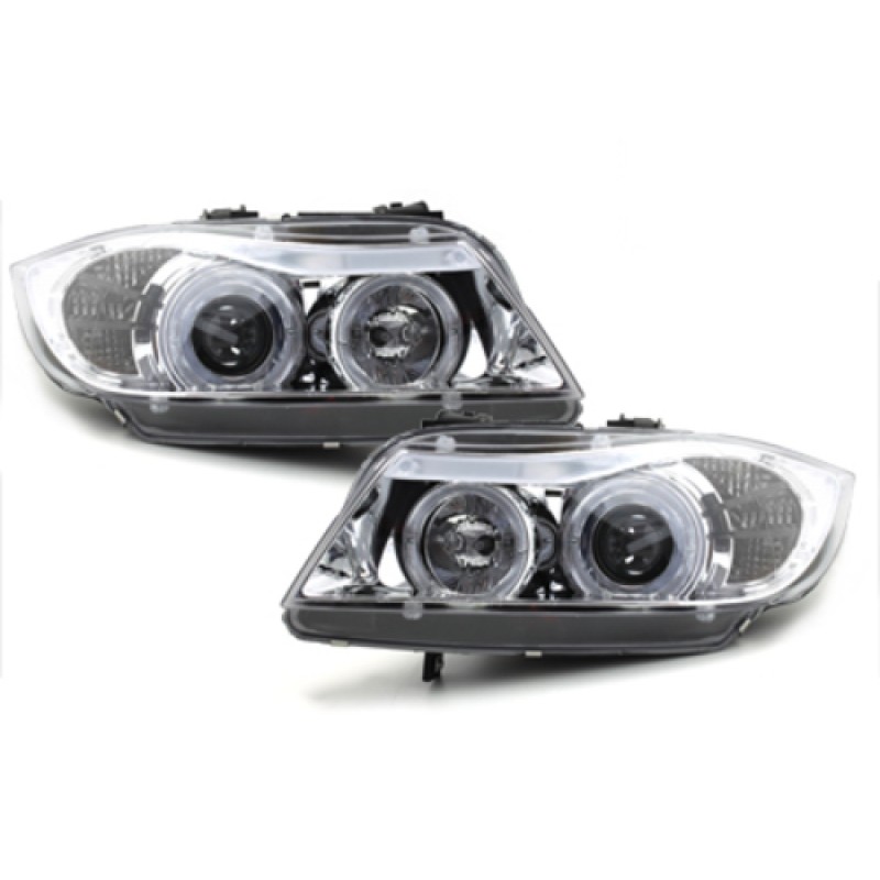 Φανάρια εμπρός BMW E90 (2005-2008) angel eyes - chrome , με λάμπες (Η1) - σετ 2τμχ.