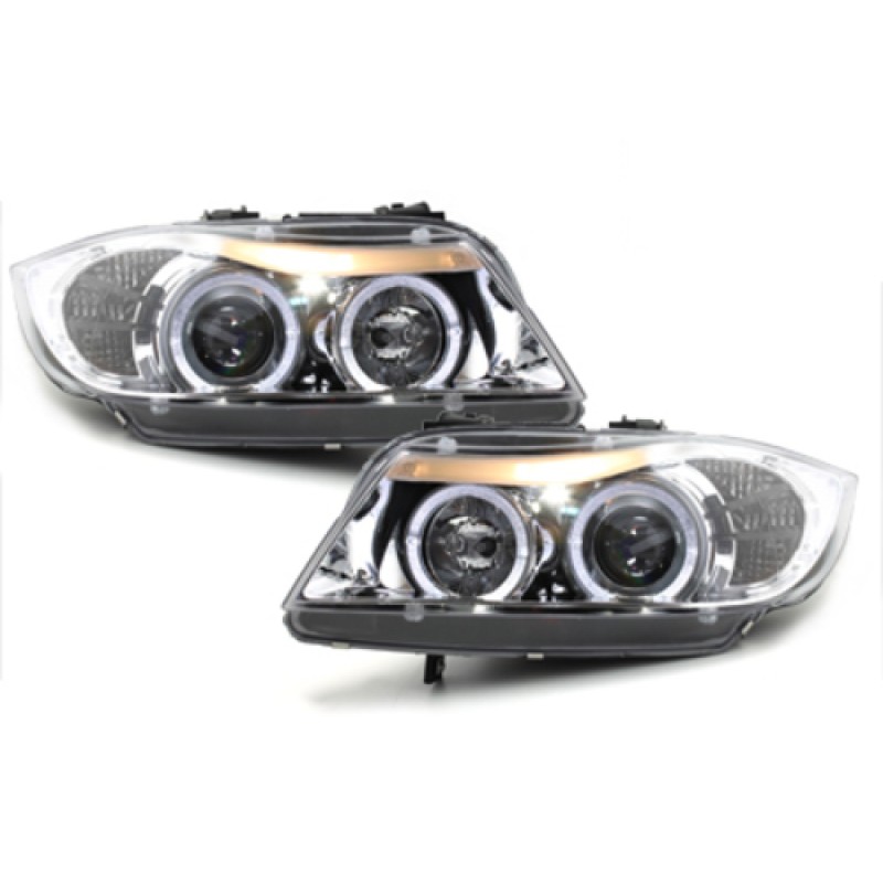 Φανάρια εμπρός BMW E90 (2005-2008) angel eyes - chrome , με λάμπες (Η1) - σετ 2τμχ.