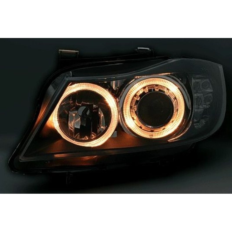 Φανάρια εμπρός BMW E90(2005-2009) angel eyes - μαύρα , χωρίς λάμπες (Η7) - σετ 2τμχ.