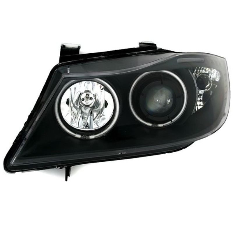 Φανάρια εμπρός BMW E90(2005-2009) angel eyes - μαύρα , με λάμπες (Η1) - σετ 2τμχ.