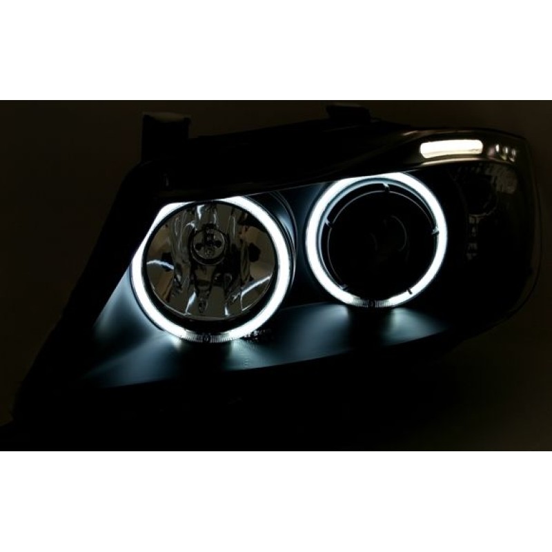 Φανάρια εμπρός BMW E90(2005-2009) angel eyes - μαύρα , με λάμπες (Η1) - σετ 2τμχ.