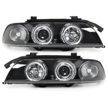 Φανάρια εμπρός BMW E39 (1995-2003) angel eyes - μαύρα , με λάμπες (Η1) - σετ 2τμχ.