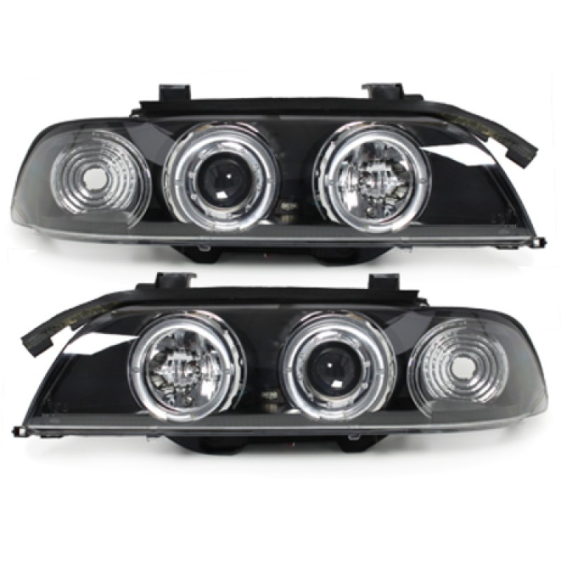 Φανάρια εμπρός BMW E39 (1995-2003) angel eyes - μαύρα , με λάμπες (Η1) - σετ 2τμχ.