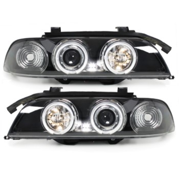 Φανάρια εμπρός BMW E39 (1995-2003) angel eyes - μαύρα , με λάμπες (Η1) - σετ 2τμχ.