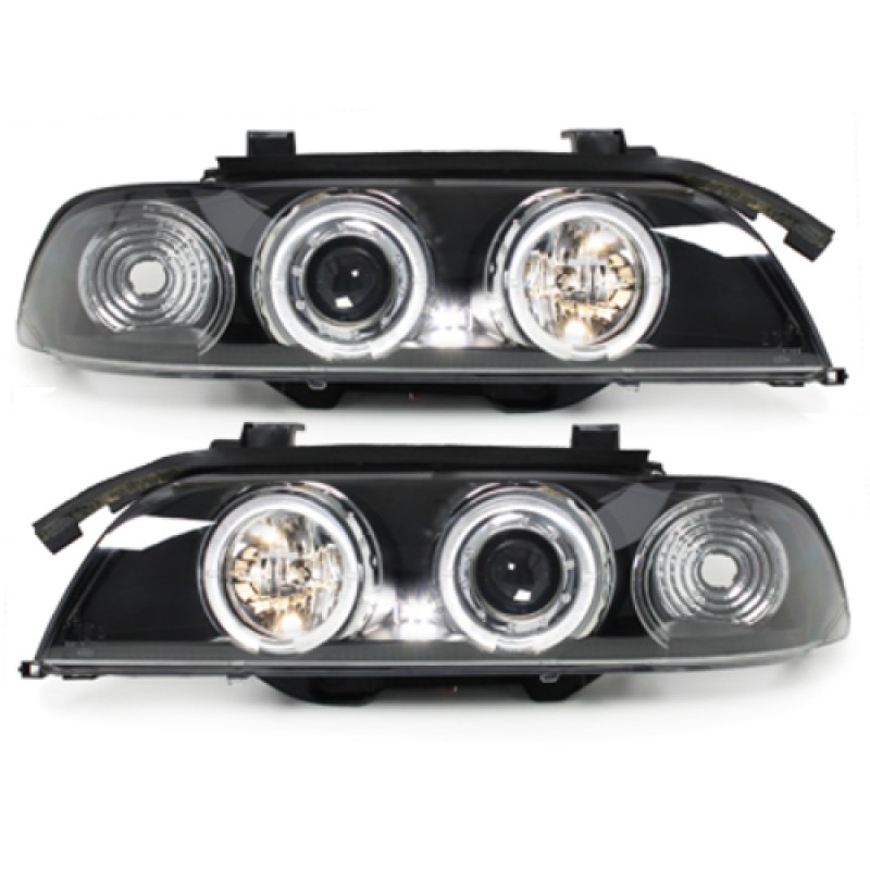 Φανάρια εμπρός BMW E39 (1995-2003) angel eyes - μαύρα , με λάμπες (Η1) - σετ 2τμχ.