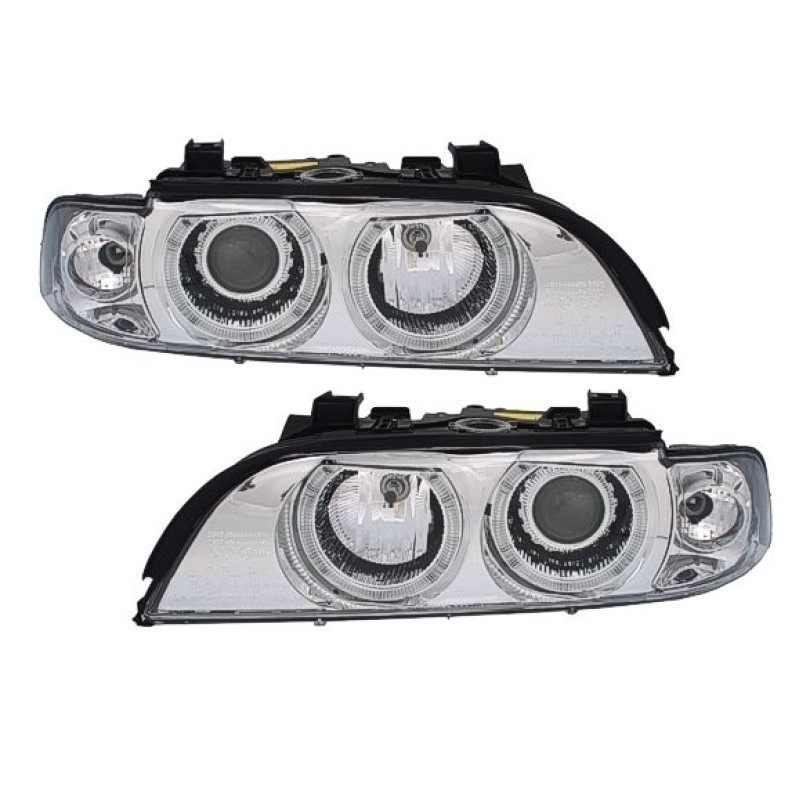 Φανάρια εμπρός BMW E39 (1995-2000) angel eyes - chrome , χωρίς λάμπες (Η7) - σετ 2τμχ.