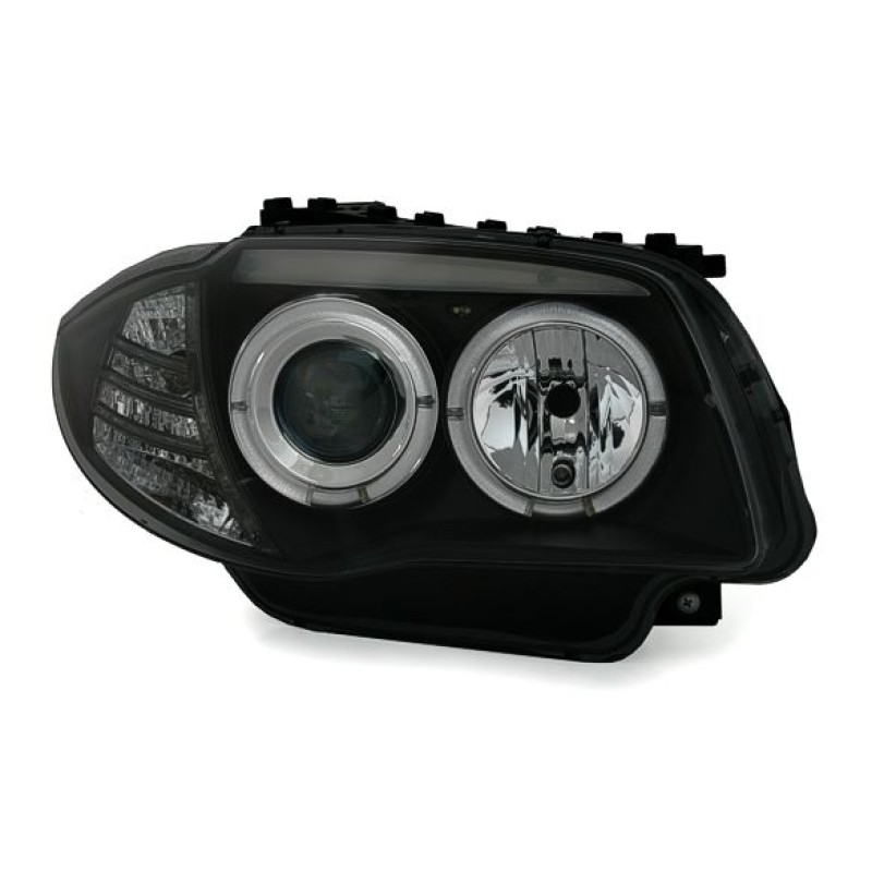 Φανάρια εμπρός BMW E87/Ε81 (2004-2011) angel eyes - black , με λάμπες (Η1) - σετ 2τμχ.